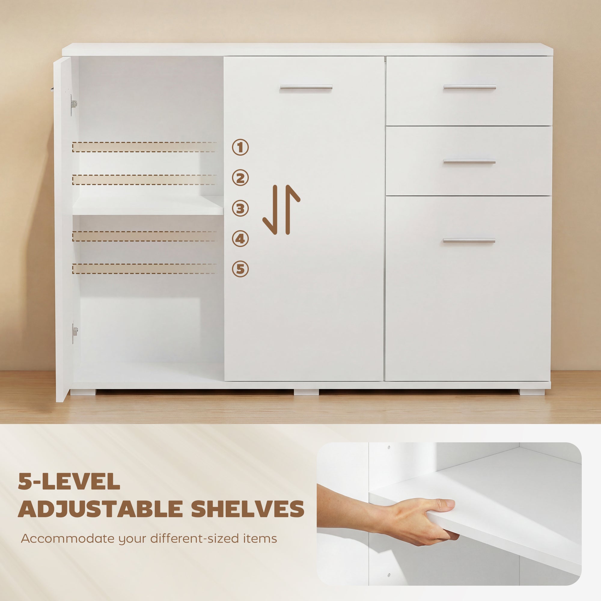 HOMCOM sideboard large cupboard with clean white design, 2 drawers, 3 doors, and five-level adjustable shelf