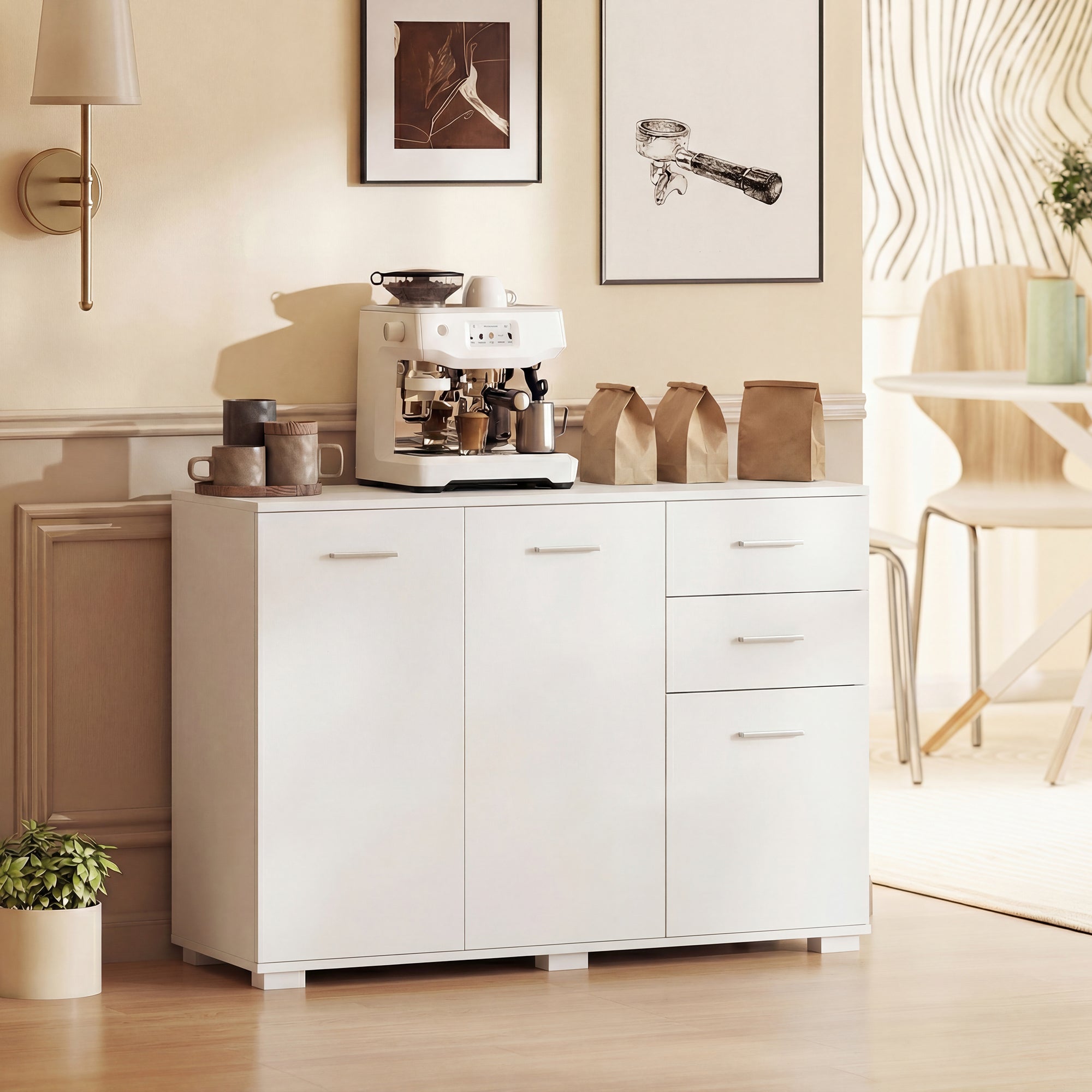 White modern sideboard HOMCOM with clean white design, two drawers, three doors, and five-level adjustable shelf storage