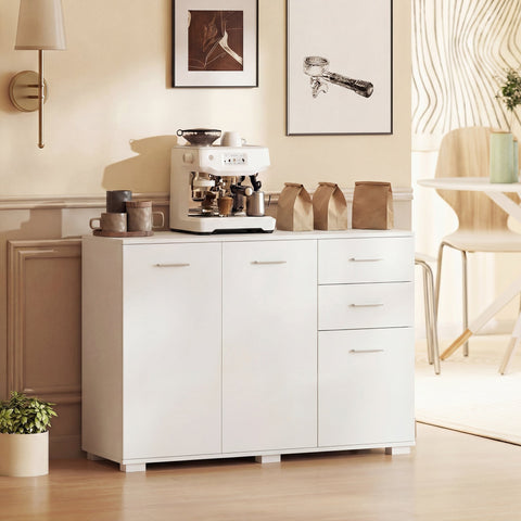 White modern sideboard HOMCOM with clean white design, two drawers, three doors, and five-level adjustable shelf storage