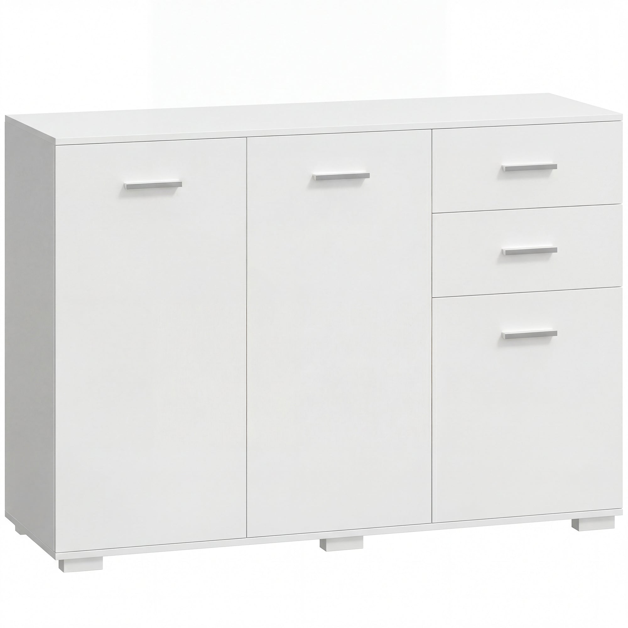 White high gloss homcom sideboard with two cabinet doors three drawers sleek silver handles and five-level adjustable shelf