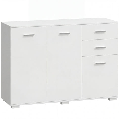 White high gloss homcom sideboard with two cabinet doors three drawers sleek silver handles and five-level adjustable shelf