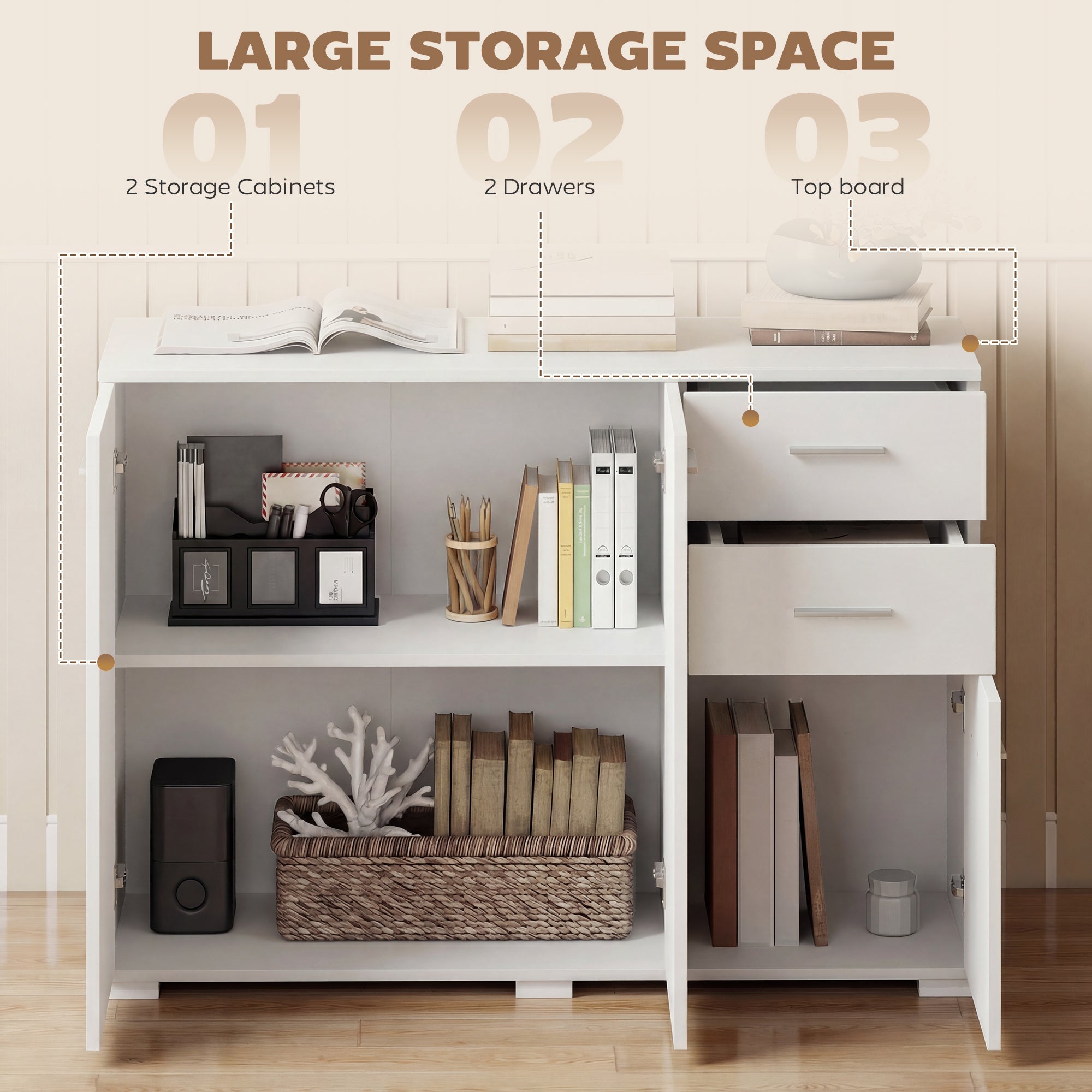 Homcom sideboard with clean white design featuring two drawers, two open cabinets, and five-level adjustable shelves