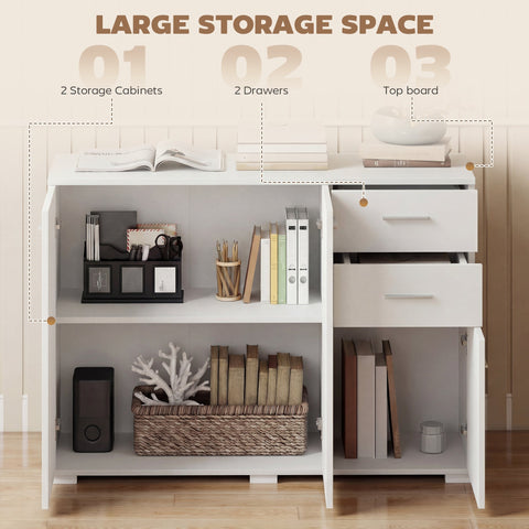 Homcom sideboard with clean white design featuring two drawers, two open cabinets, and five-level adjustable shelves
