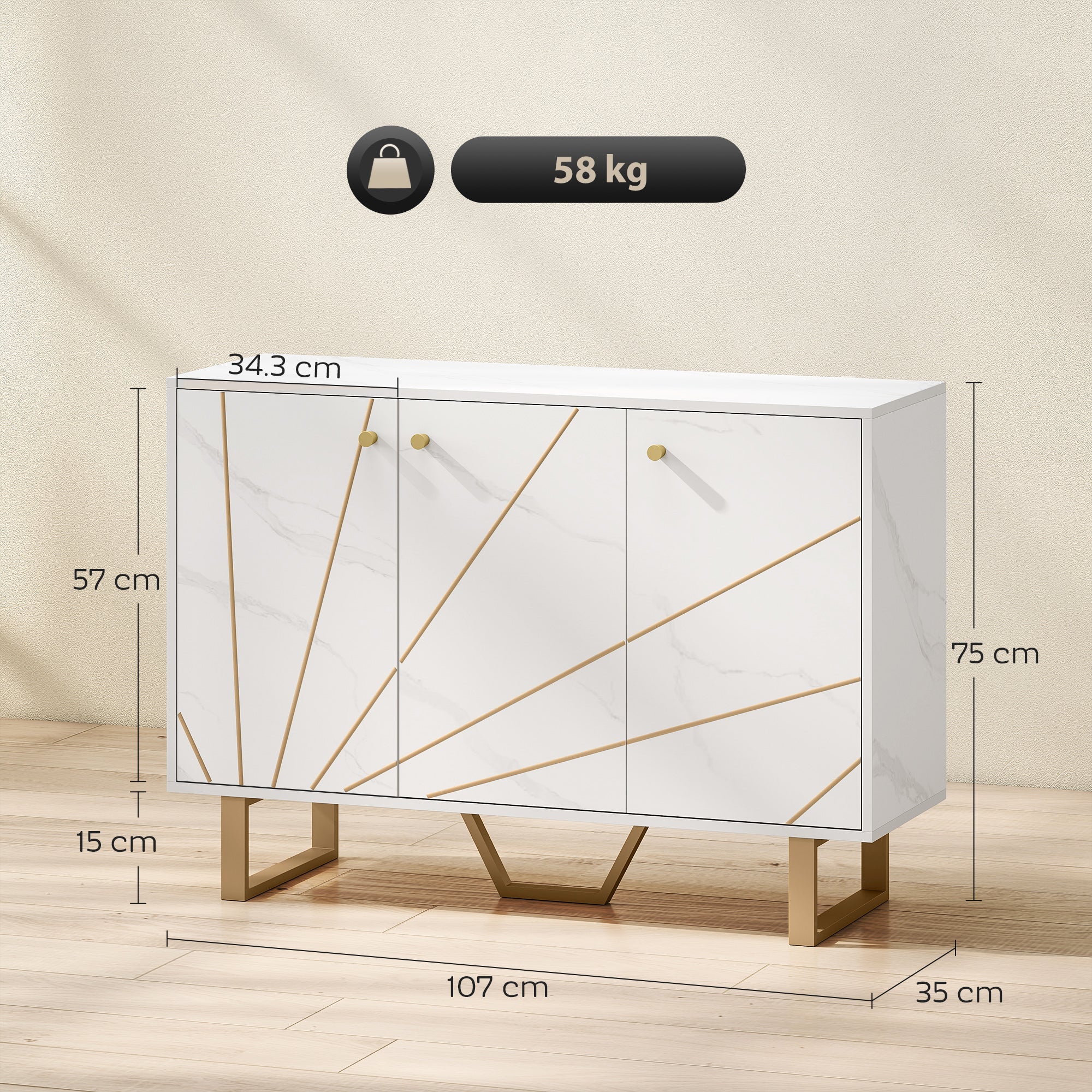 White marble tone homcom sideboard storage cabinet with gold accents adjustable shelves 31d x 57h and weight capacity