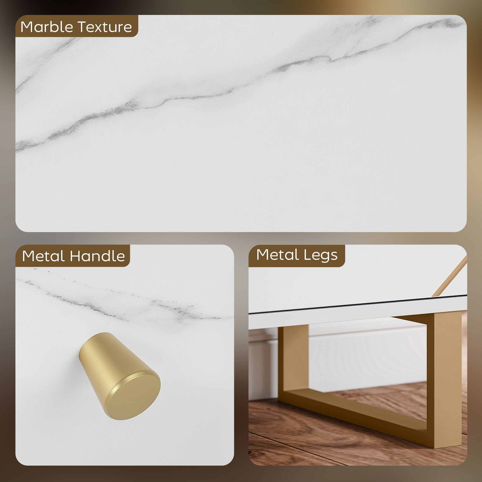 Homcom sideboard storage cabinet with white marble tone tabletop gold metal handle legs and 31d x 57h size