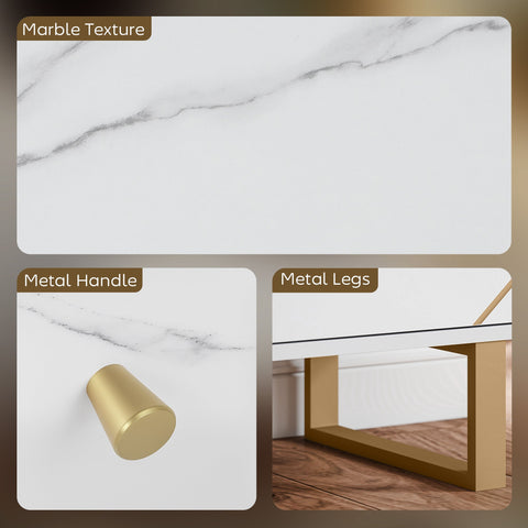 Homcom sideboard storage cabinet with white marble tone tabletop gold metal handle legs and 31d x 57h size