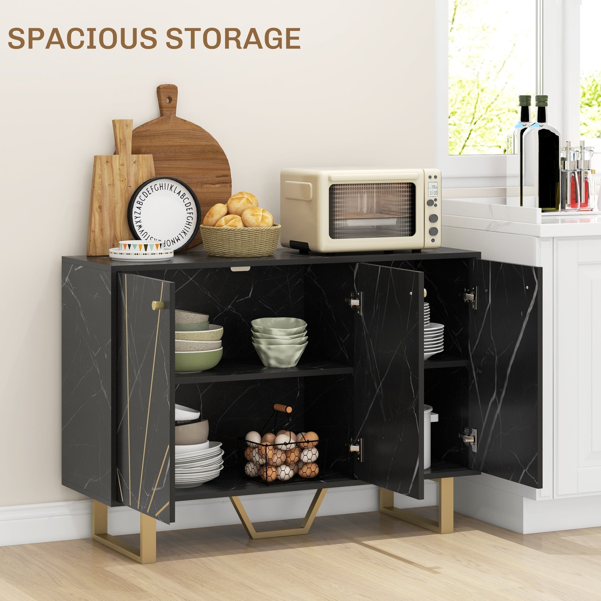 Black marble tone homcom sideboard with gold legs and handles 31d x 57h spacious storage and high weight capacity