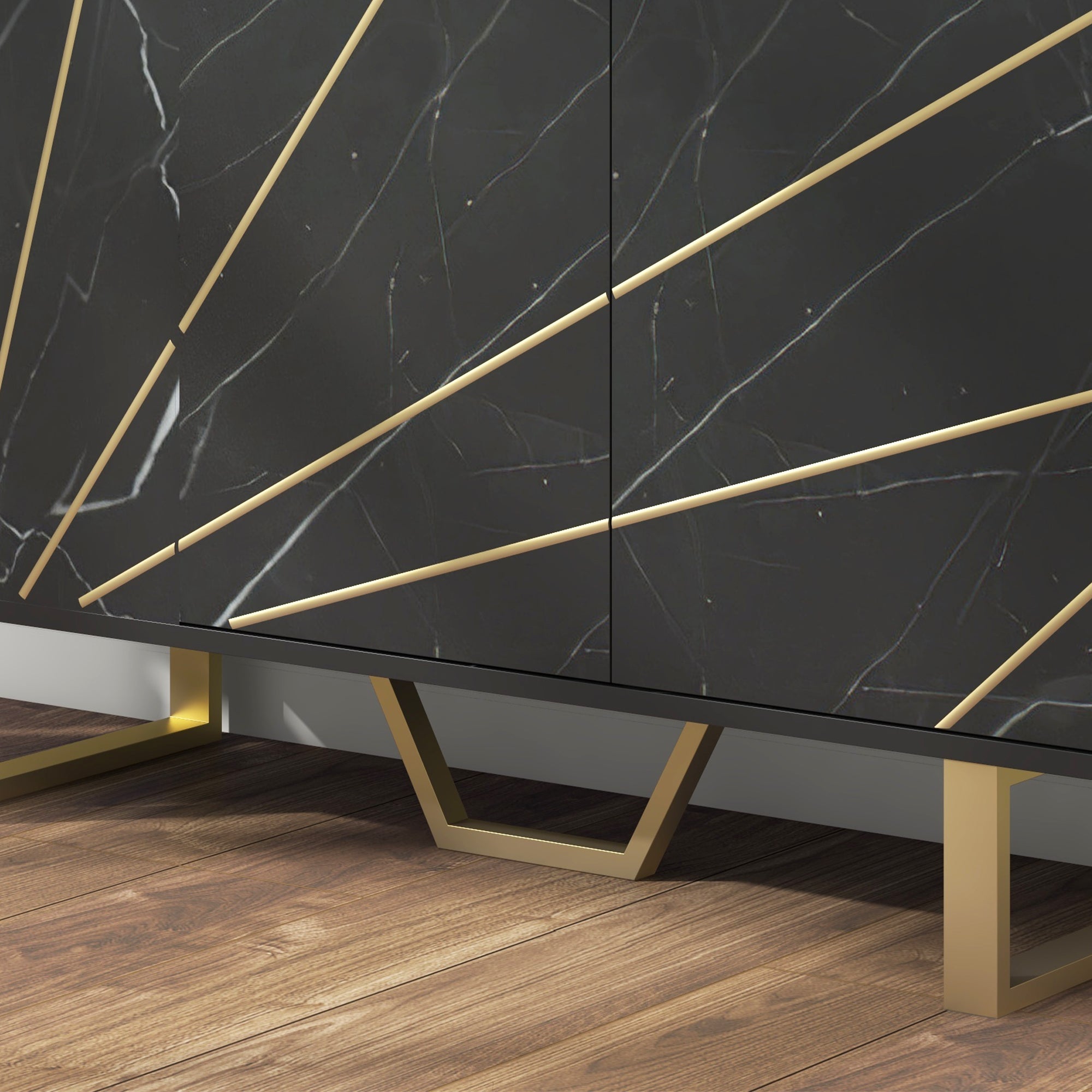 Homcom sideboard storage cabinet in black marble tone with gold geometric accents and hexagonal brass legs 31d x 57h