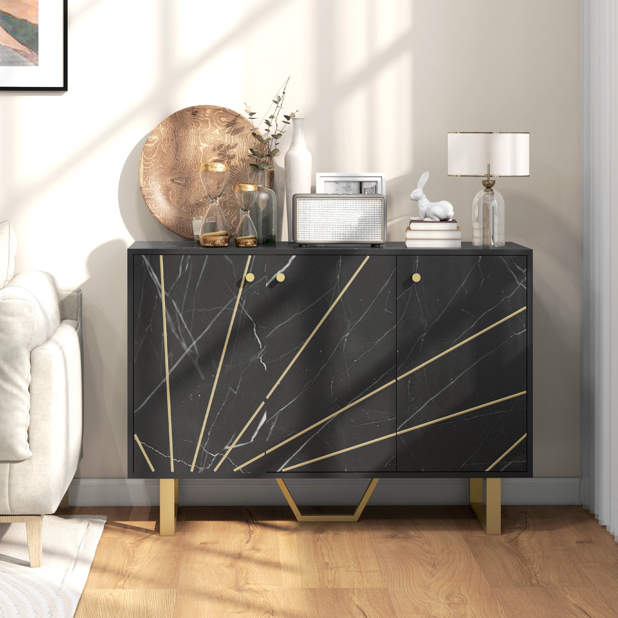 Homcom sideboard storage cabinet in black marble tone with gold legs and geometric accents 31d x 57h weight capacity