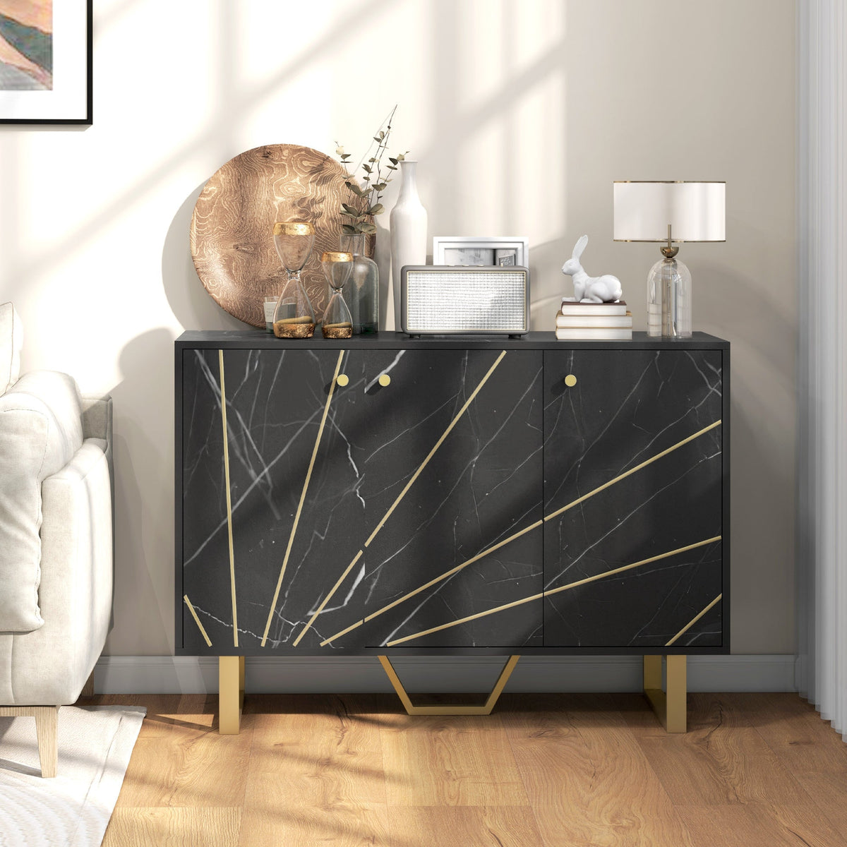 Homcom sideboard storage cabinet in black marble tone with gold legs and geometric accents 31d x 57h weight capacity