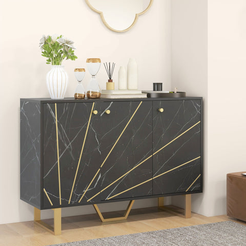 Black marble tone homcom sideboard storage cabinet with gold accents brass hardware adjustable shelves 31d x 57h