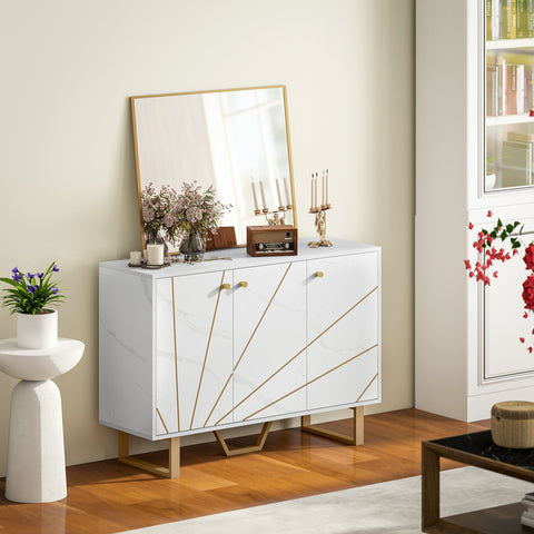 White marble tone homcom sideboard storage cabinet with gold geometric accents 31d x 57h and strong weight capacity