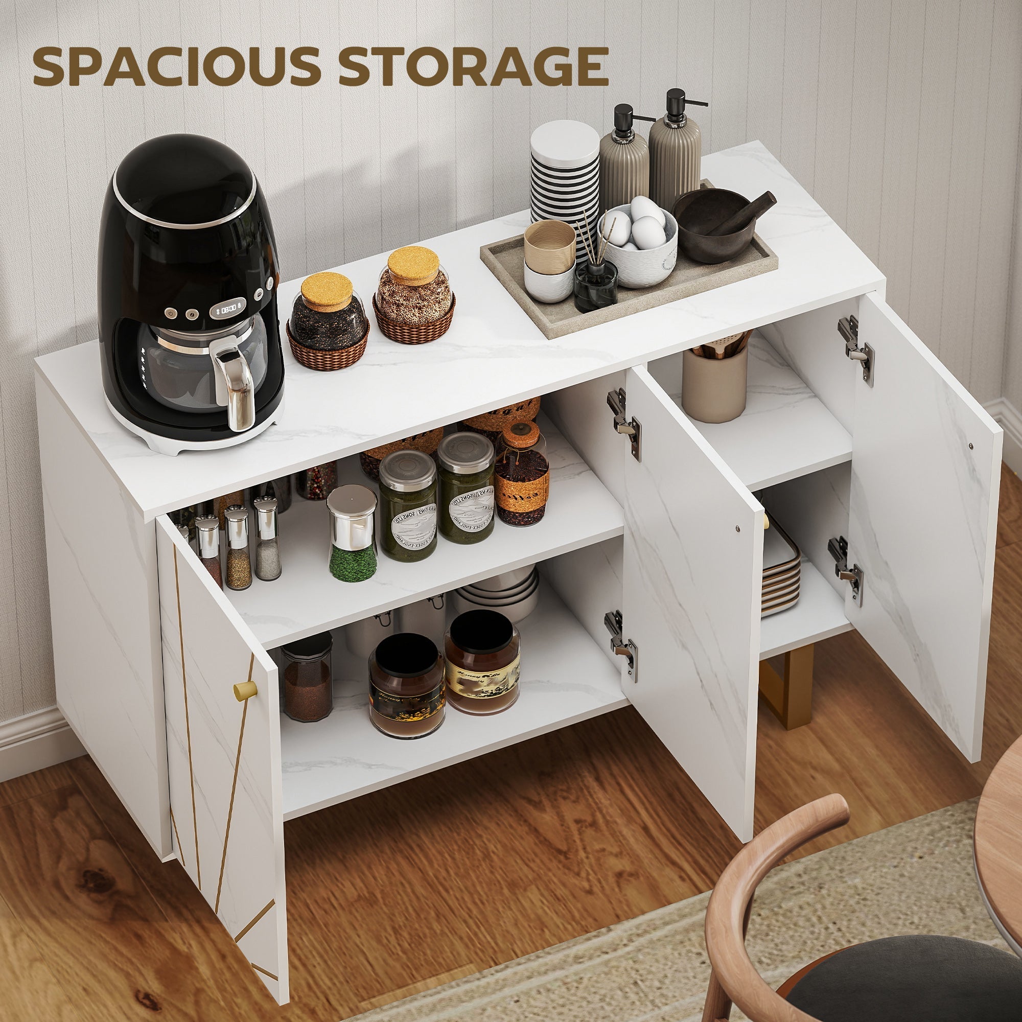 White marble tone homcom sideboard storage cabinet with gold hardware geometric accents and 31d x 57h size with weight capacity