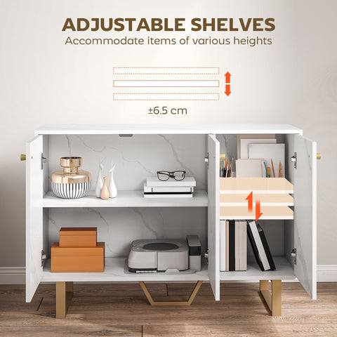 White homcom sideboard storage cabinet with adjustable shelves gold-tone legs white marble tone 31d x 57h