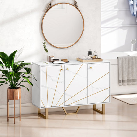 Homcom sideboard storage cabinet in white marble tone with gold geometric accents and brass legs 31d x 57h weight capacity