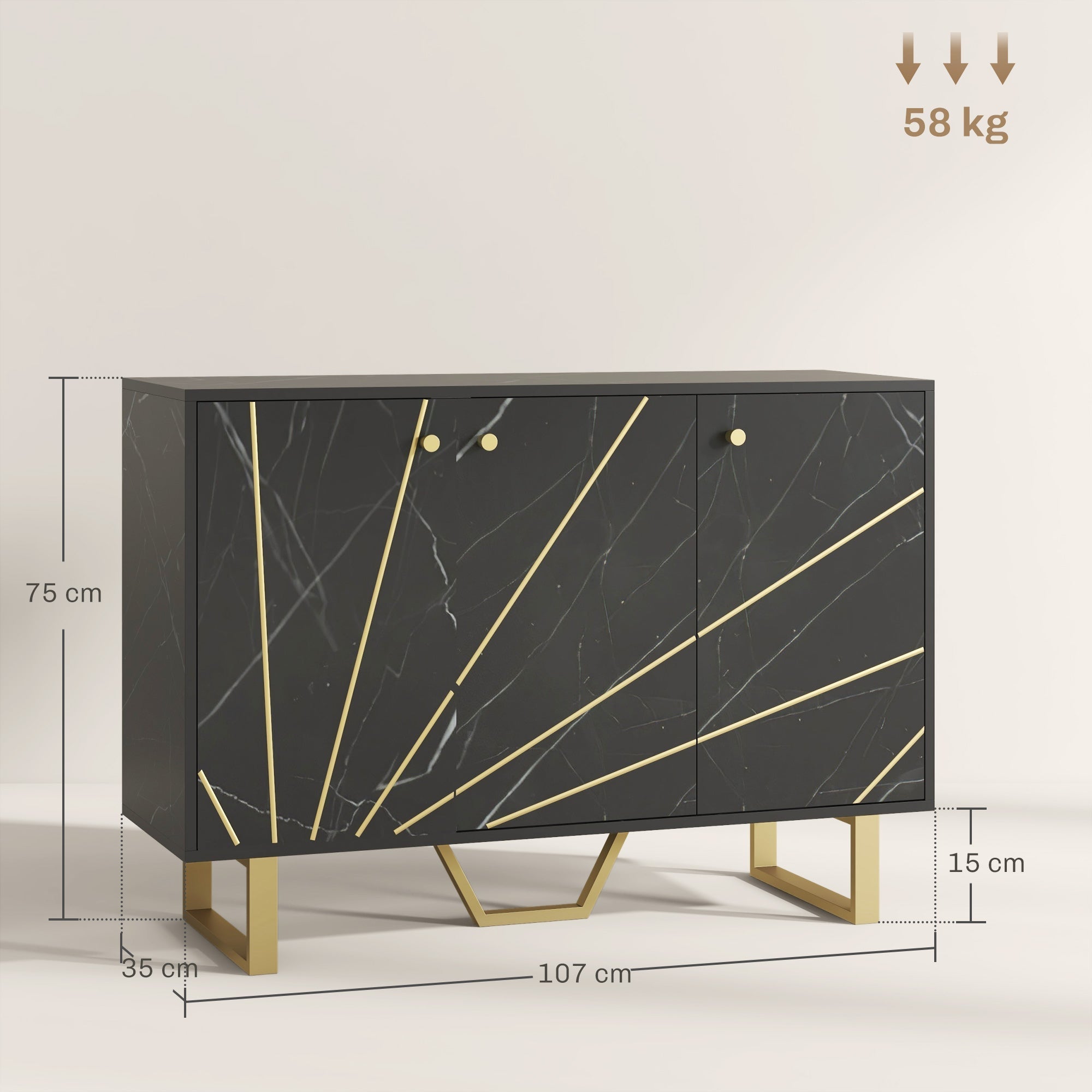 Black marble tone homcom sideboard storage cabinet with gold geometric accents 31d x 57h and high weight capacity