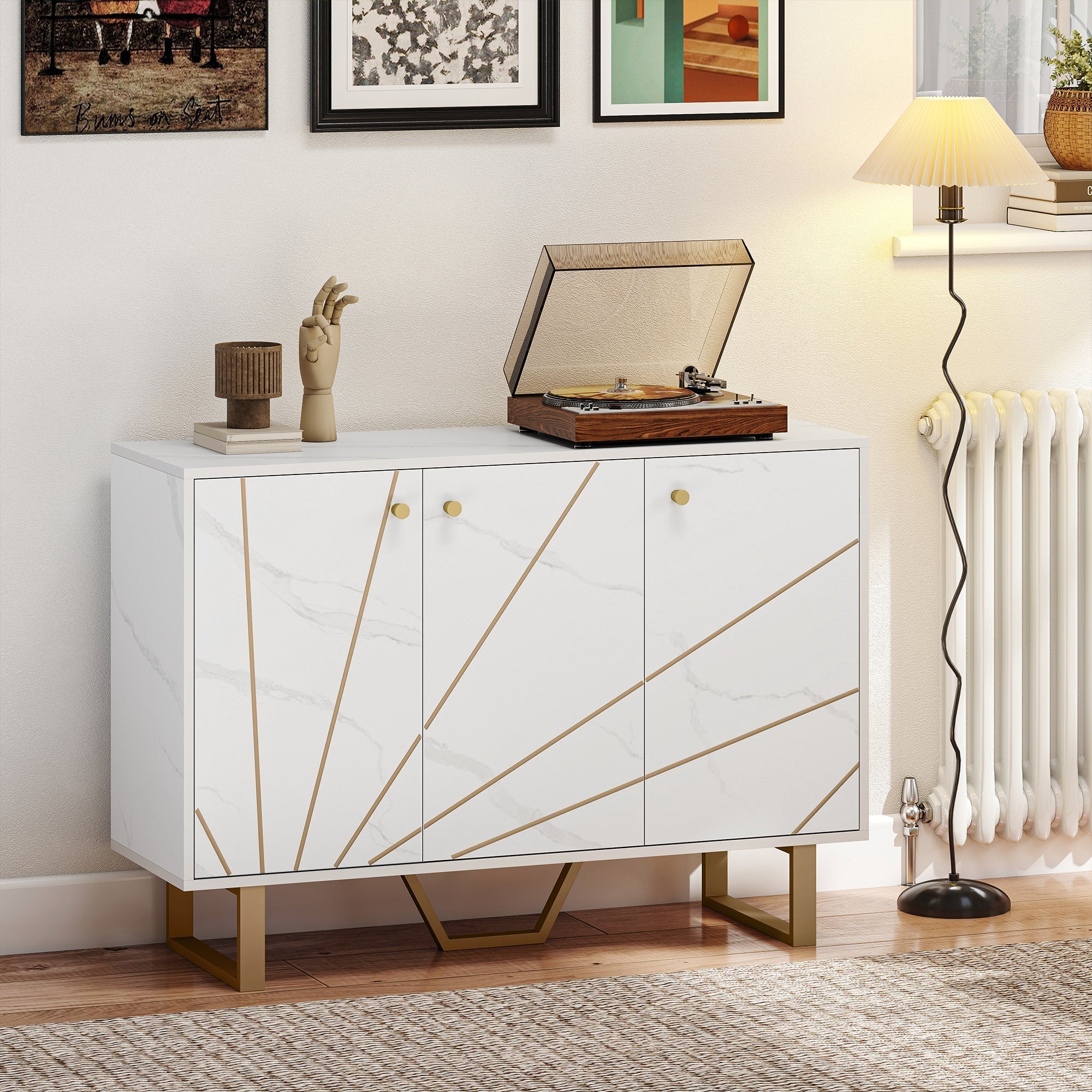 Homcom sideboard storage cabinet in white marble tone with gold accents and brass legs 31d x 57h weight capacity