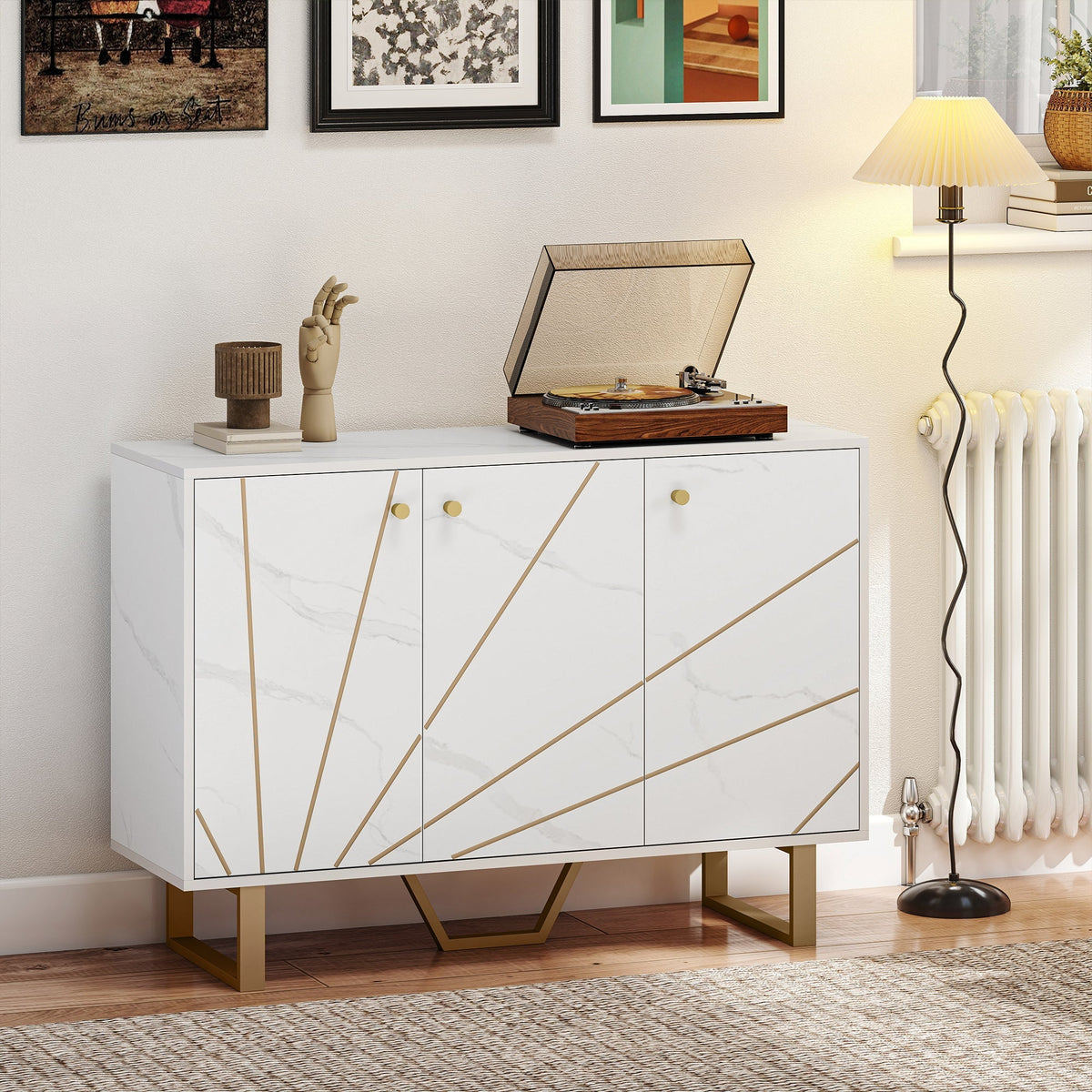 Homcom sideboard storage cabinet in white marble tone with gold accents and brass legs 31d x 57h weight capacity