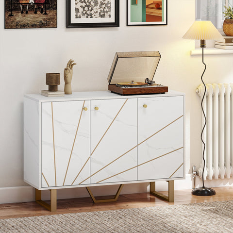 Homcom sideboard storage cabinet in white marble tone with gold accents and brass legs 31d x 57h weight capacity