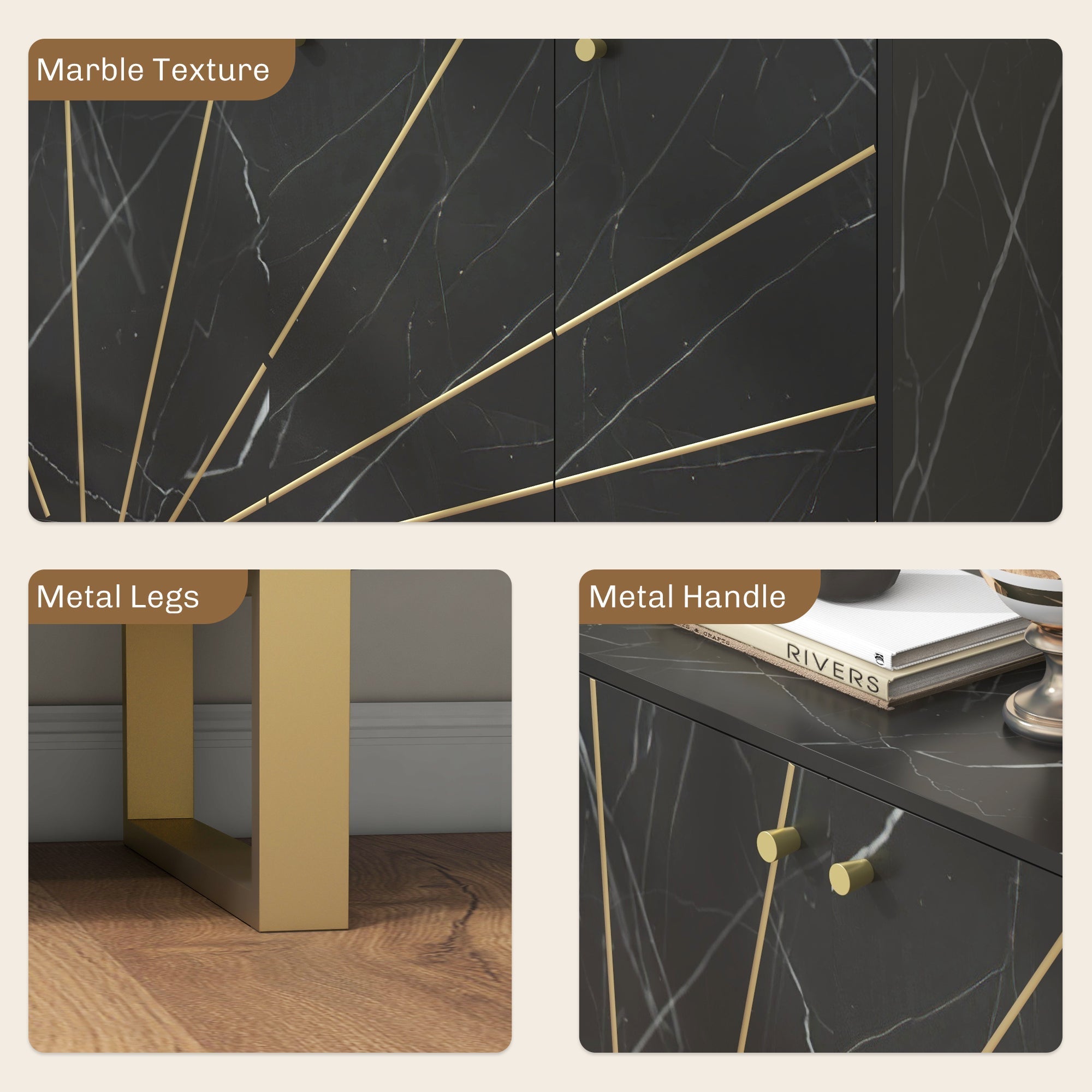 Black marble tone homcom sideboard storage cabinet with gold metal legs and handle accents 31d x 57h weight capacity