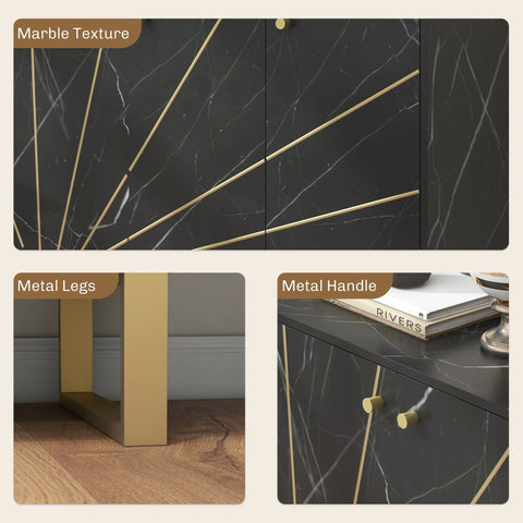 Black marble tone homcom sideboard storage cabinet with gold metal legs and handle accents 31d x 57h weight capacity