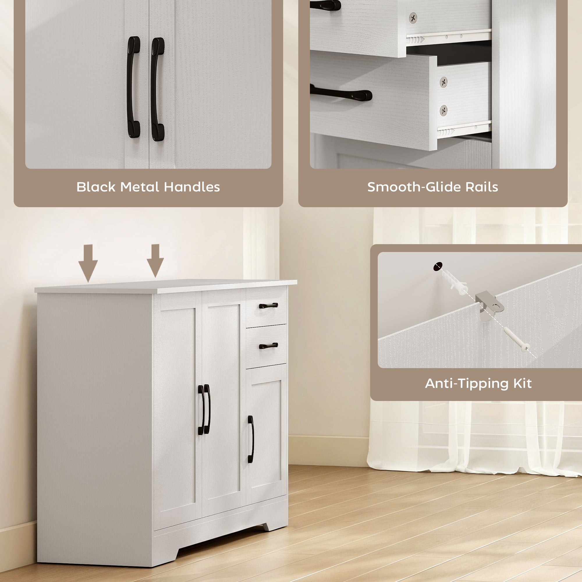White homcom sideboard with adjustable shelf two drawers black metal handles for living room storage and kitchen use