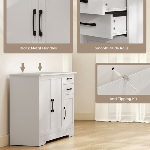 White homcom sideboard with adjustable shelf two drawers black metal handles for living room storage and kitchen use