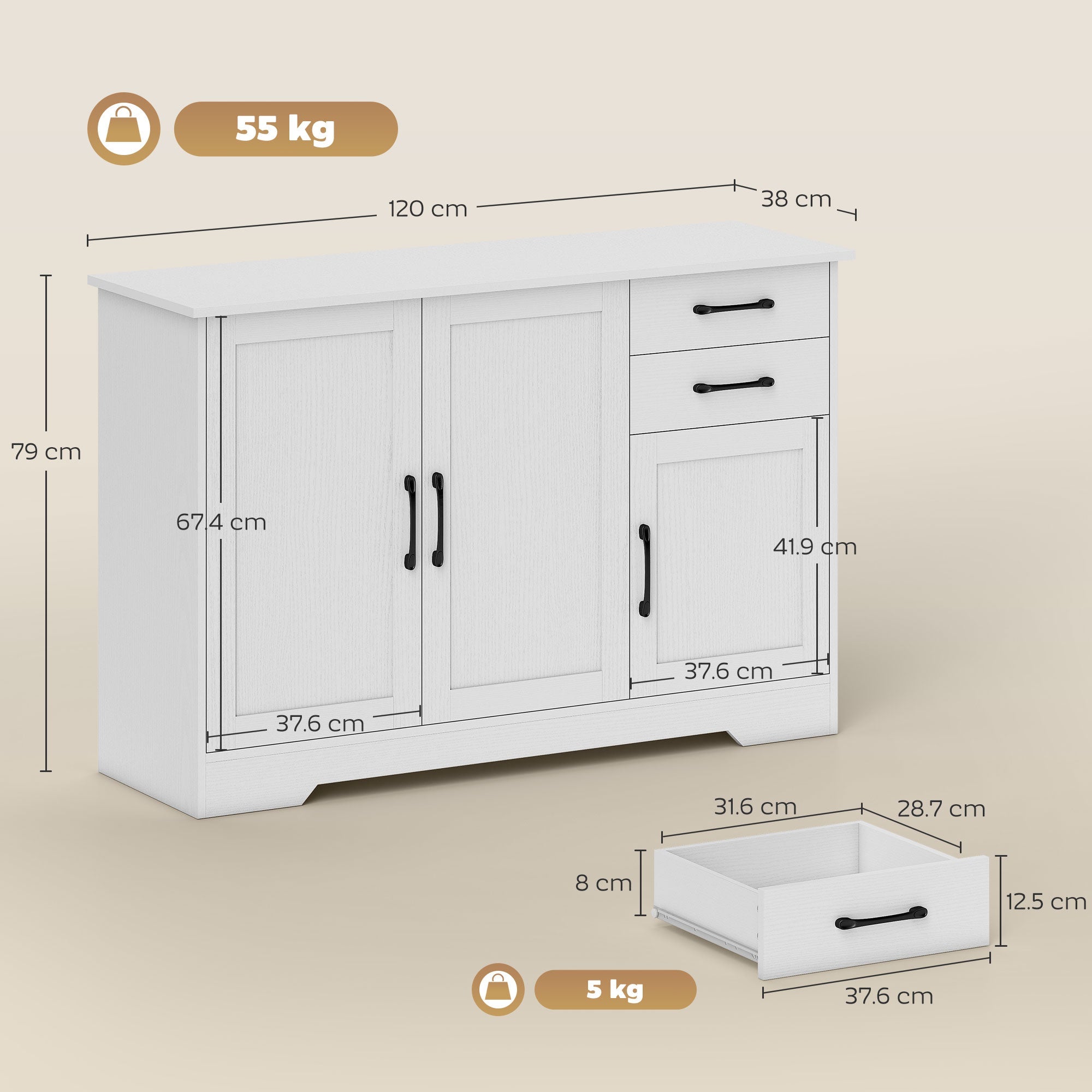 White wooden sideboard with adjustable shelf, two cabinets, and three doors for living room storage by HOMCOM