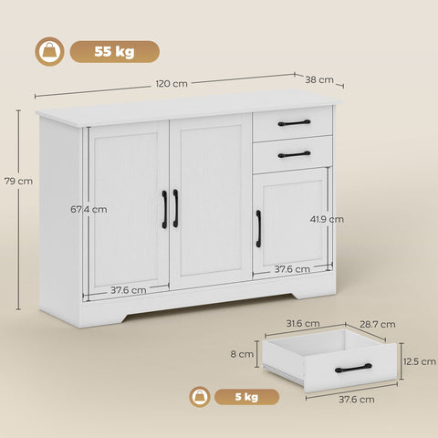 White wooden sideboard with adjustable shelf, two cabinets, and three doors for living room storage by HOMCOM