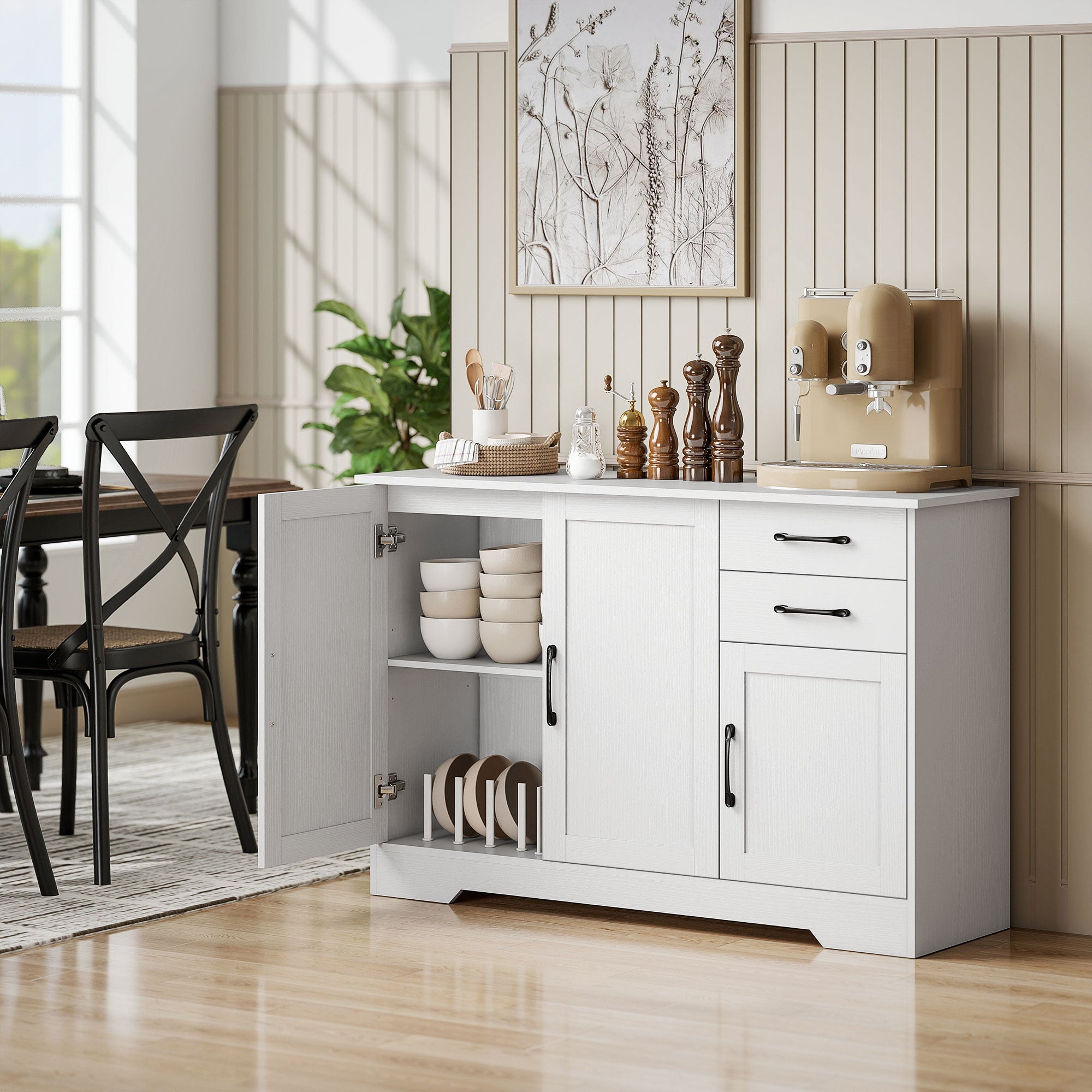 White wooden homcom sideboard with adjustable shelf and two cabinets open showing stacked bowls for living room use