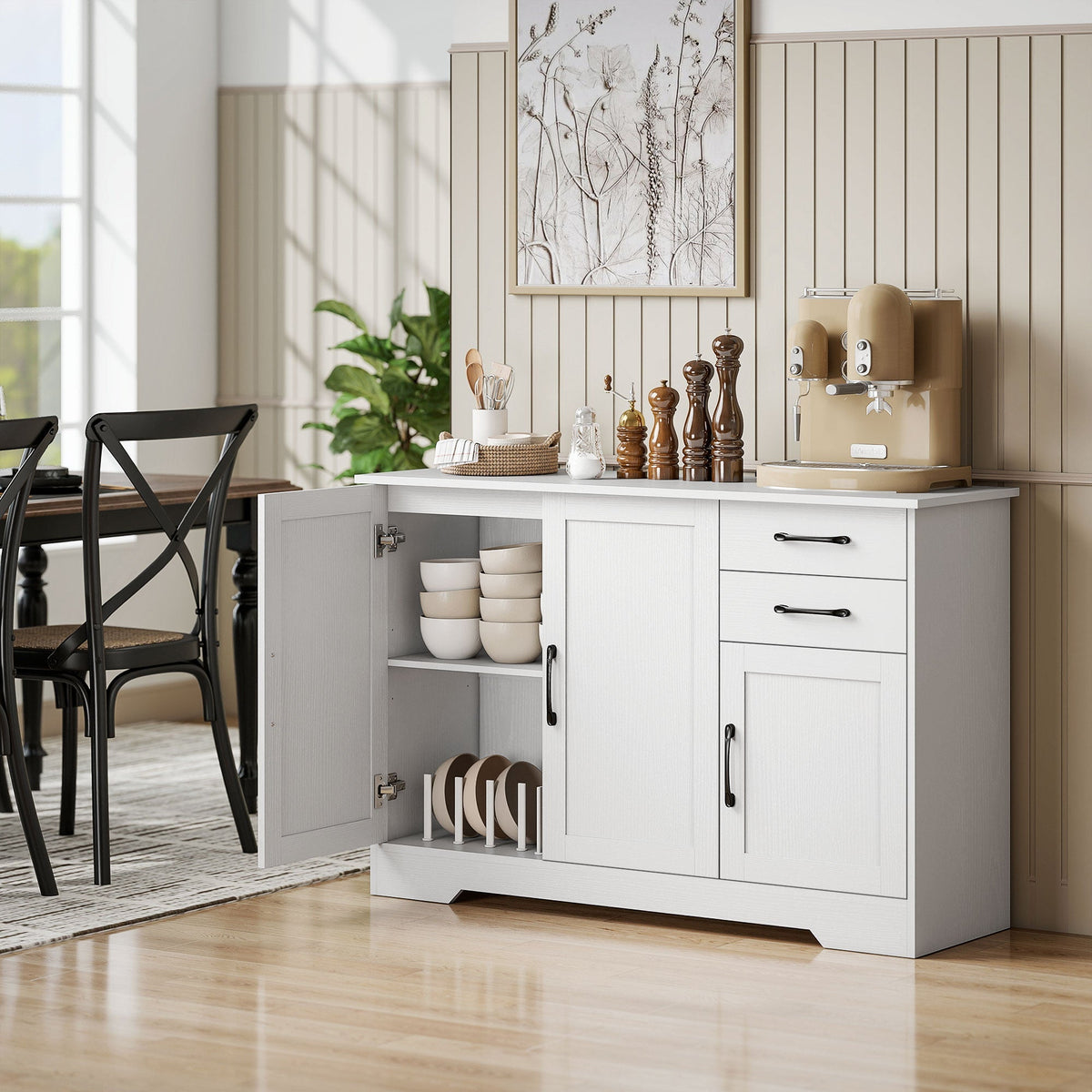 White wooden homcom sideboard with adjustable shelf and two cabinets open showing stacked bowls for living room use