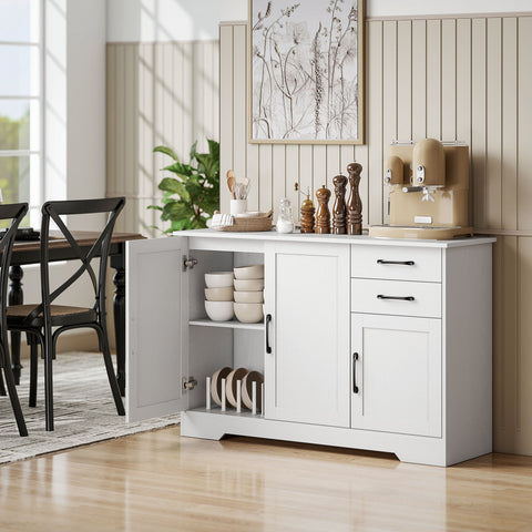 White wooden homcom sideboard with adjustable shelf and two cabinets open showing stacked bowls for living room use