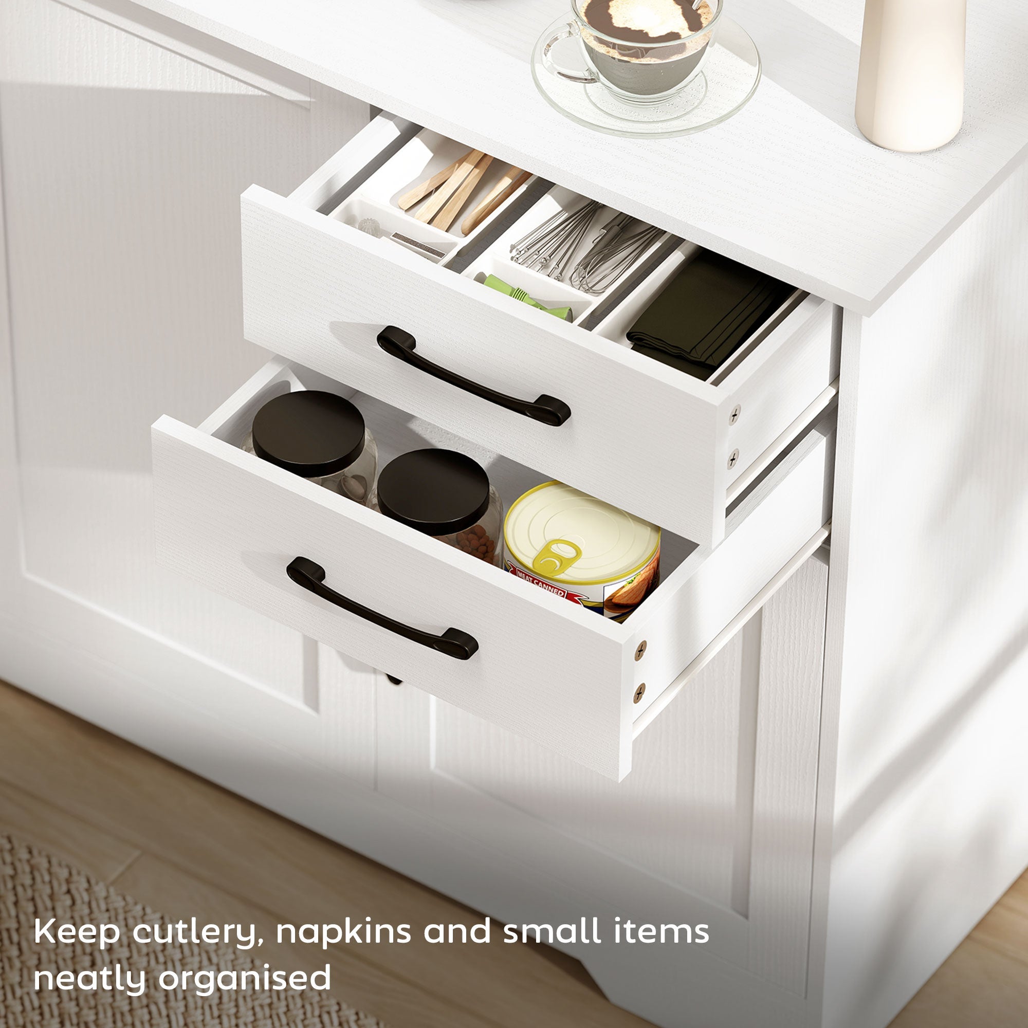 White homcom sideboard with two drawers and adjustable shelf open showing kitchen utensils jars and canned goods storage