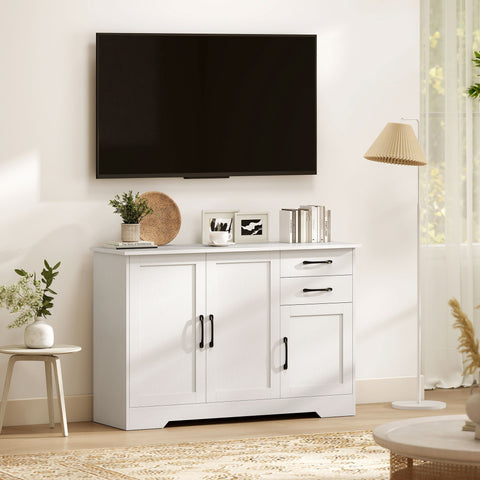 White homcom sideboard with two cabinets black handles and adjustable shelf perfect for living room storage