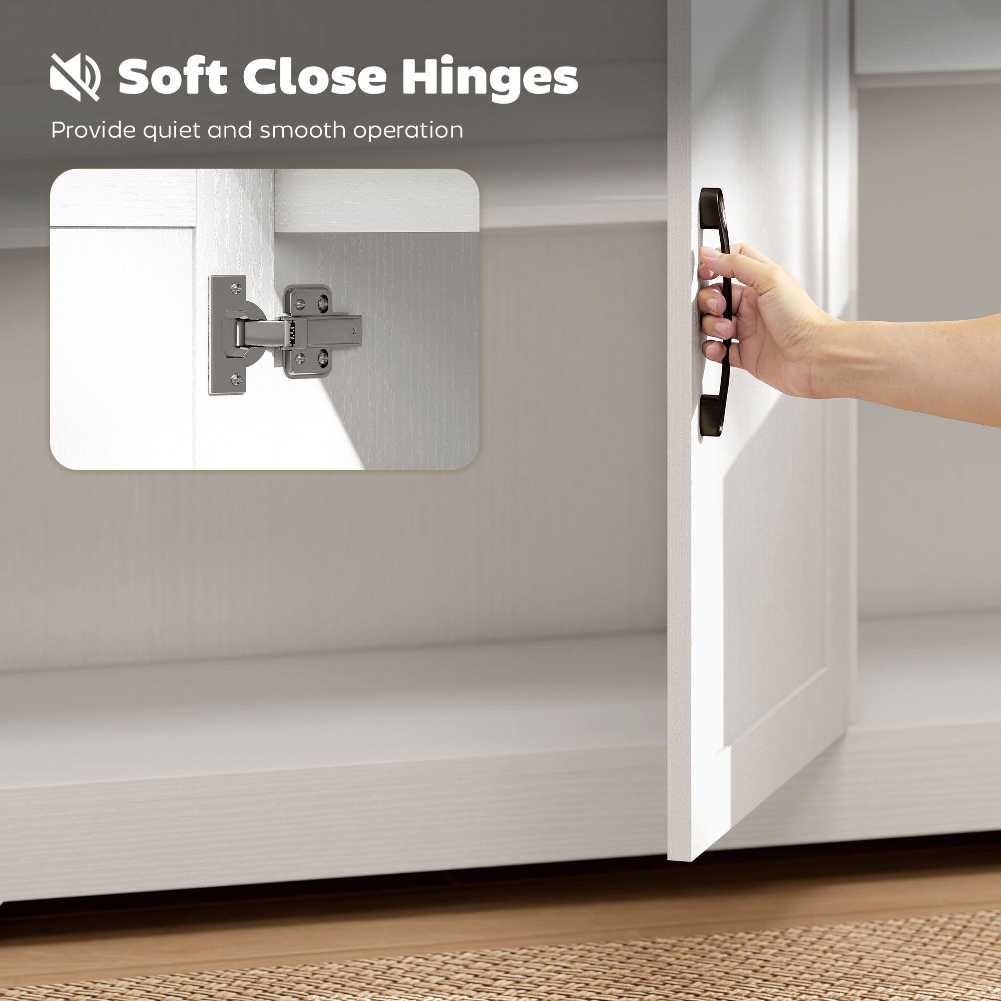 Black metal cabinet hinge with soft close for quiet smooth operation on white homcom sideboard with two cabinets and adjustable shelf
