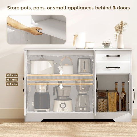 White homcom sideboard with three doors black handles and adjustable shelf for living room and kitchen storage