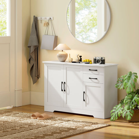 White wooden console table with black metal handles featuring two cabinets and adjustable shelf for living room storage