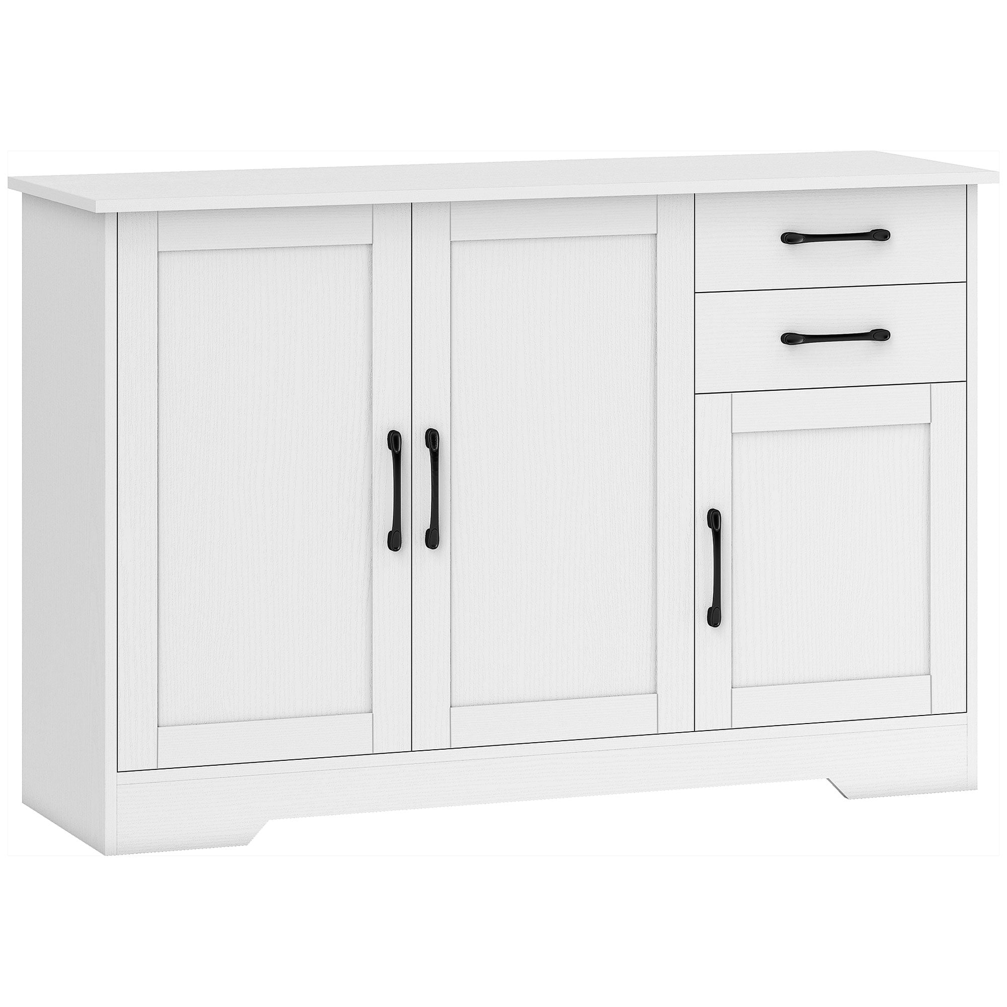 White farmhouse sideboard with black handles two drawers and adjustable shelf perfect for living room storage