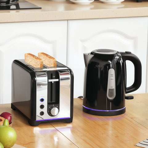 Black electric kettle with silver water level window and purple led base lighting in homcom simple design kettle set