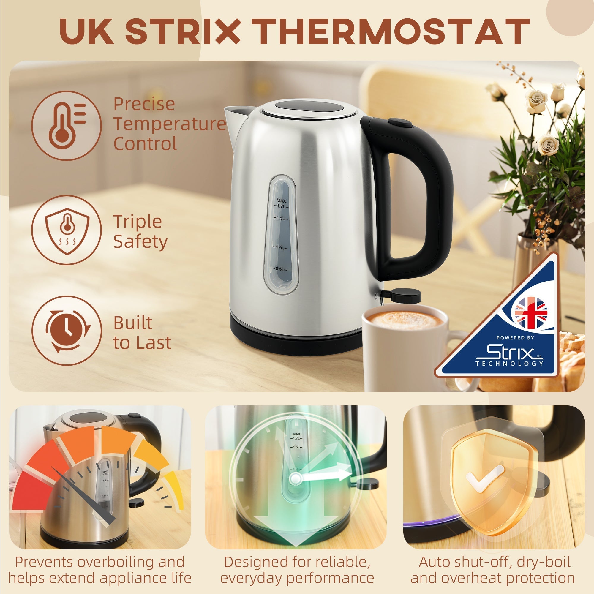 Silver tone stainless steel electric kettle with black handle and clear water level window in homcom kettle set