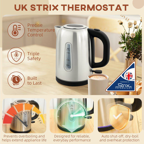 Silver tone stainless steel electric kettle with black handle and clear water level window in homcom kettle set