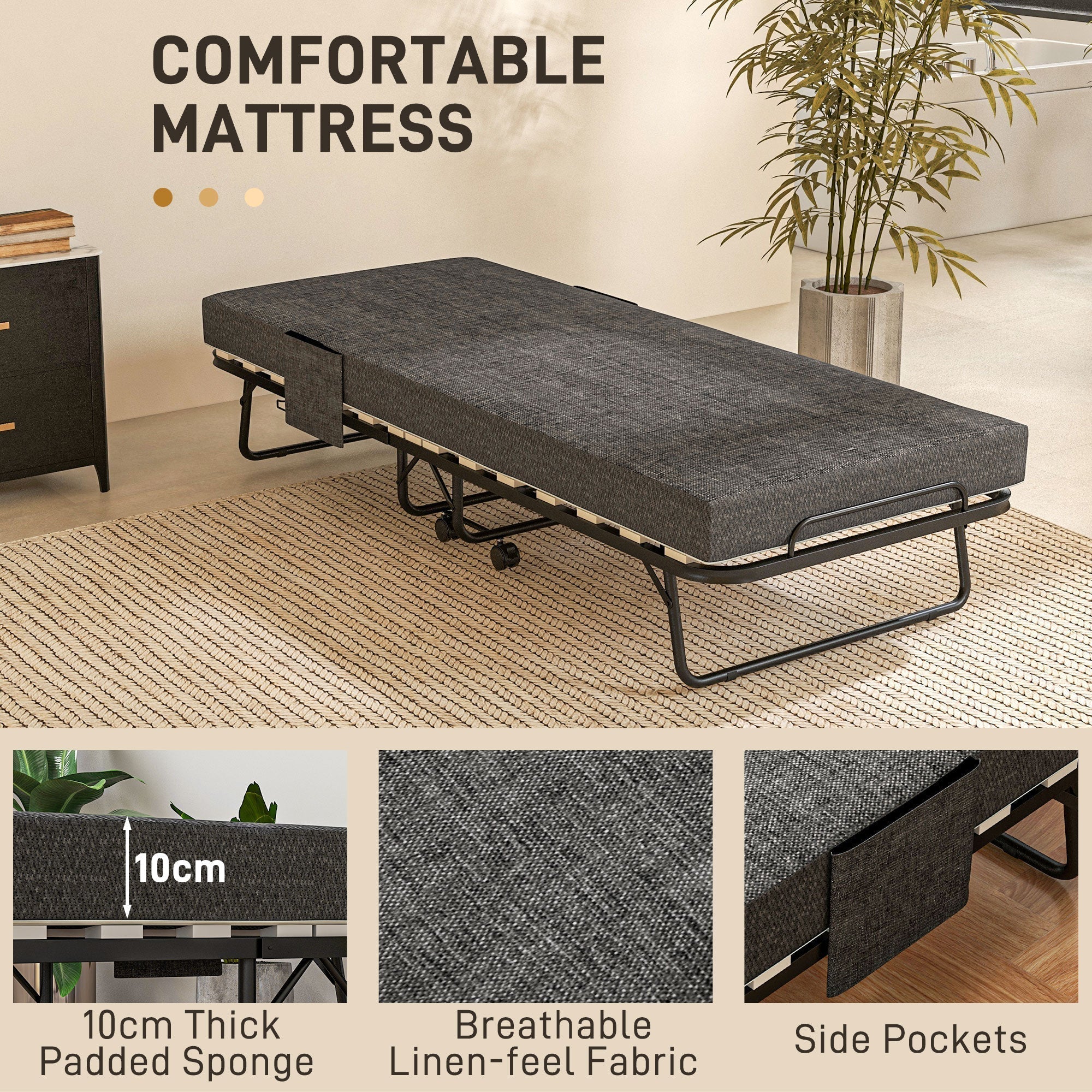 Gray linen-feel mattress with 10cm padded sponge and side pockets on homcom single steel frame folding bed with four lockable wheels 190l x 80w