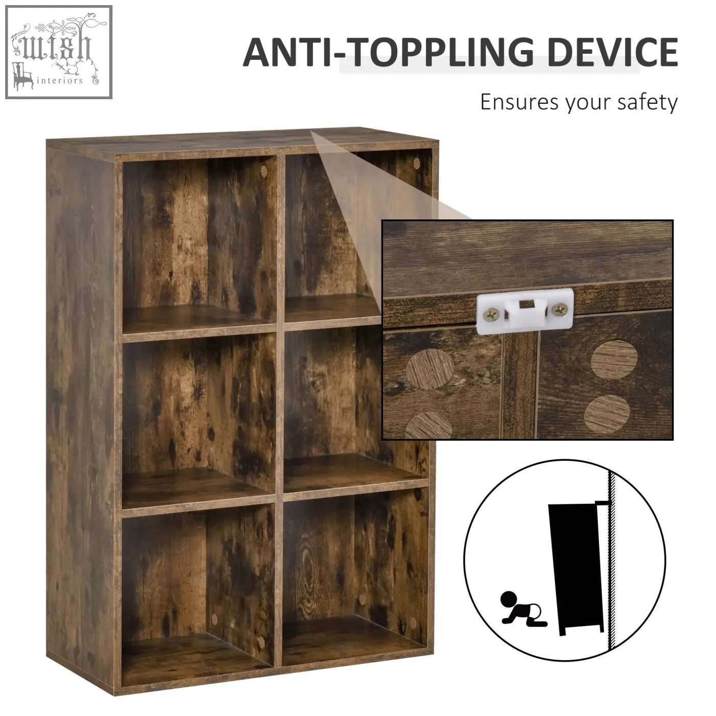 Rustic brown wooden six-cube bookcase by homcom with particle board structure and anti-toppling safety device