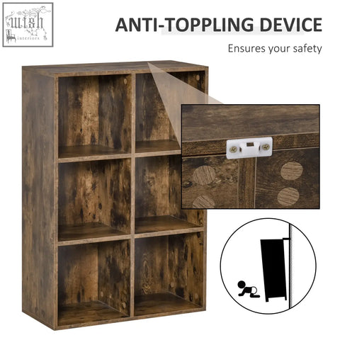 Rustic brown wooden six-cube bookcase by homcom with particle board structure and anti-toppling safety device