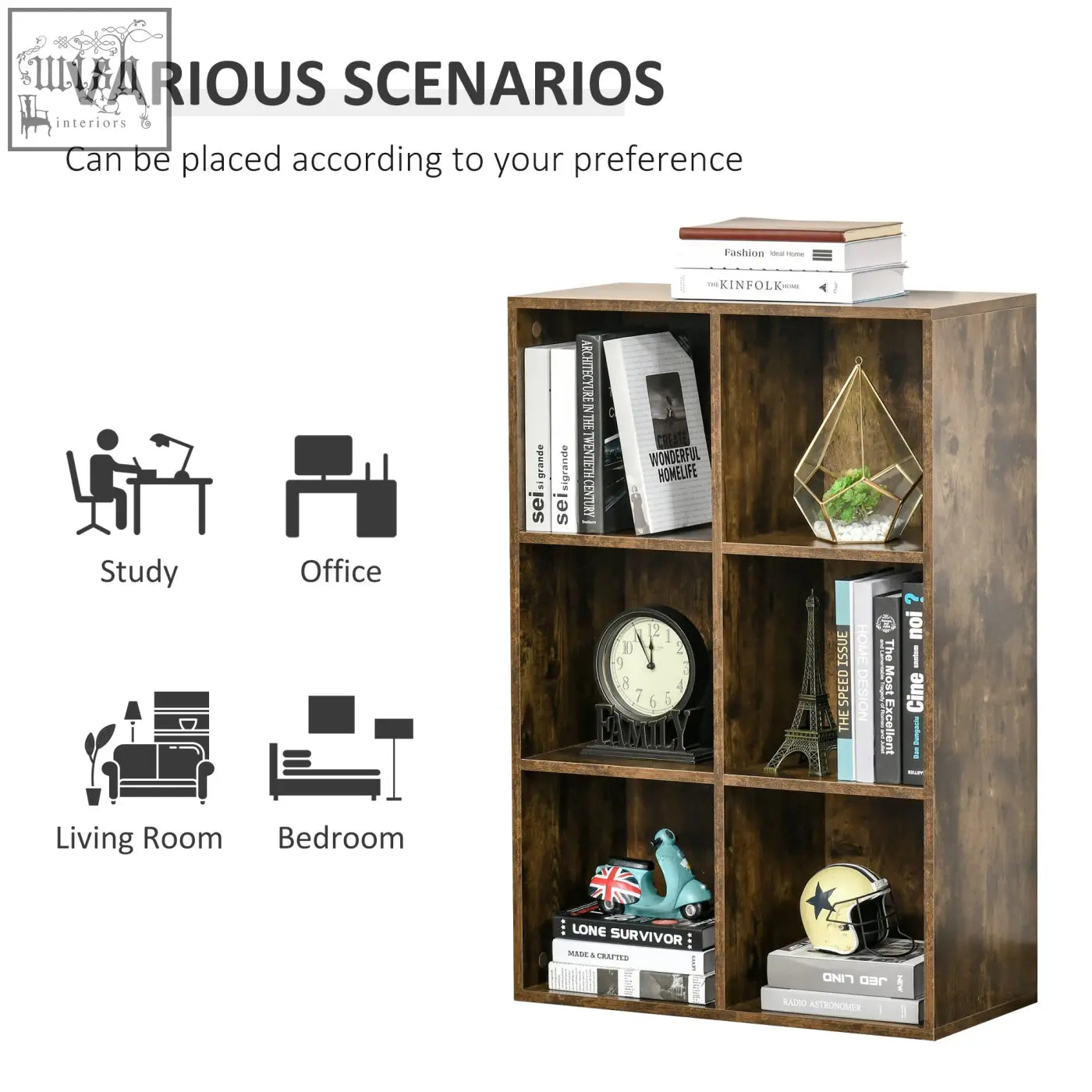 Rustic brown HOMCOM six-cube bookcase with particle board structure holding books and decor like clock and terrarium
