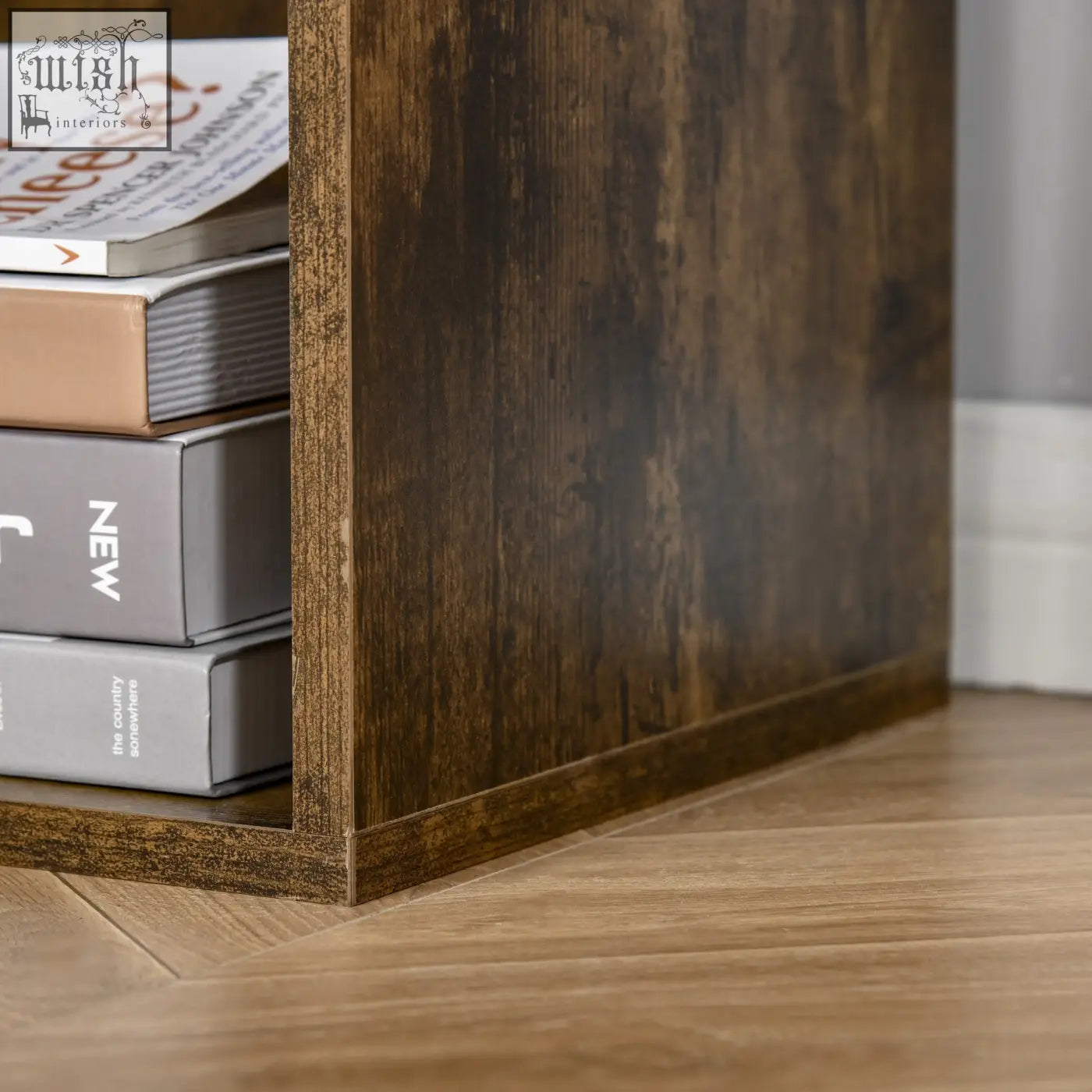 Dark brown homcom six-cube bookcase with rustic weathered finish made of particle board structure
