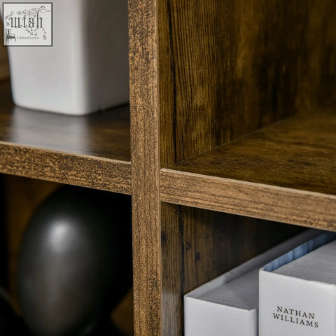 Dark brown six-cube bookcase with rustic finish made of particle board structure by homcom