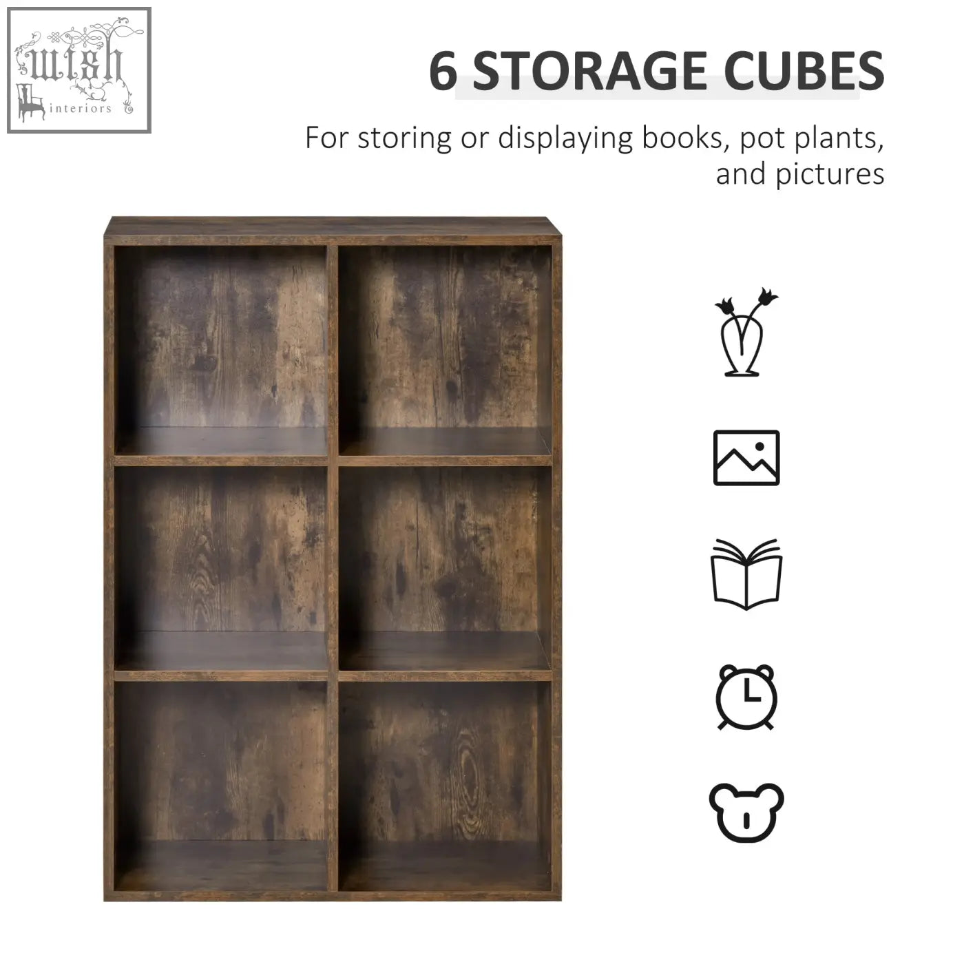 Dark brown rustic homcom six-cube bookcase made with particle board structure for versatile storage and display