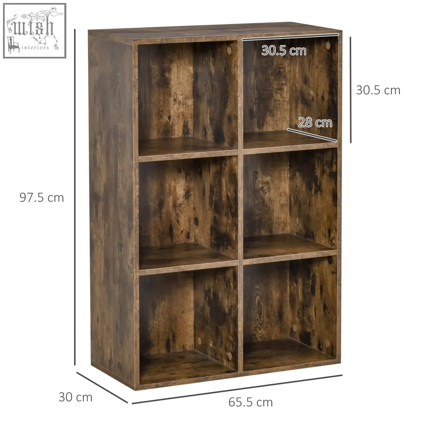 Rustic brown wooden HOMCOM six-cube bookcase with particle board structure and six cubby compartments for storage