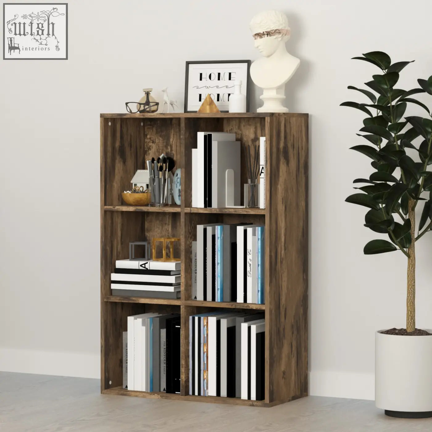 Rustic brown wooden six-cube bookcase with particle board structure displaying books and decorative items